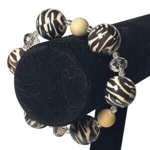 Black White Zebra Bead Stretch Bracelet Wood Acrylic Statement Jewelry